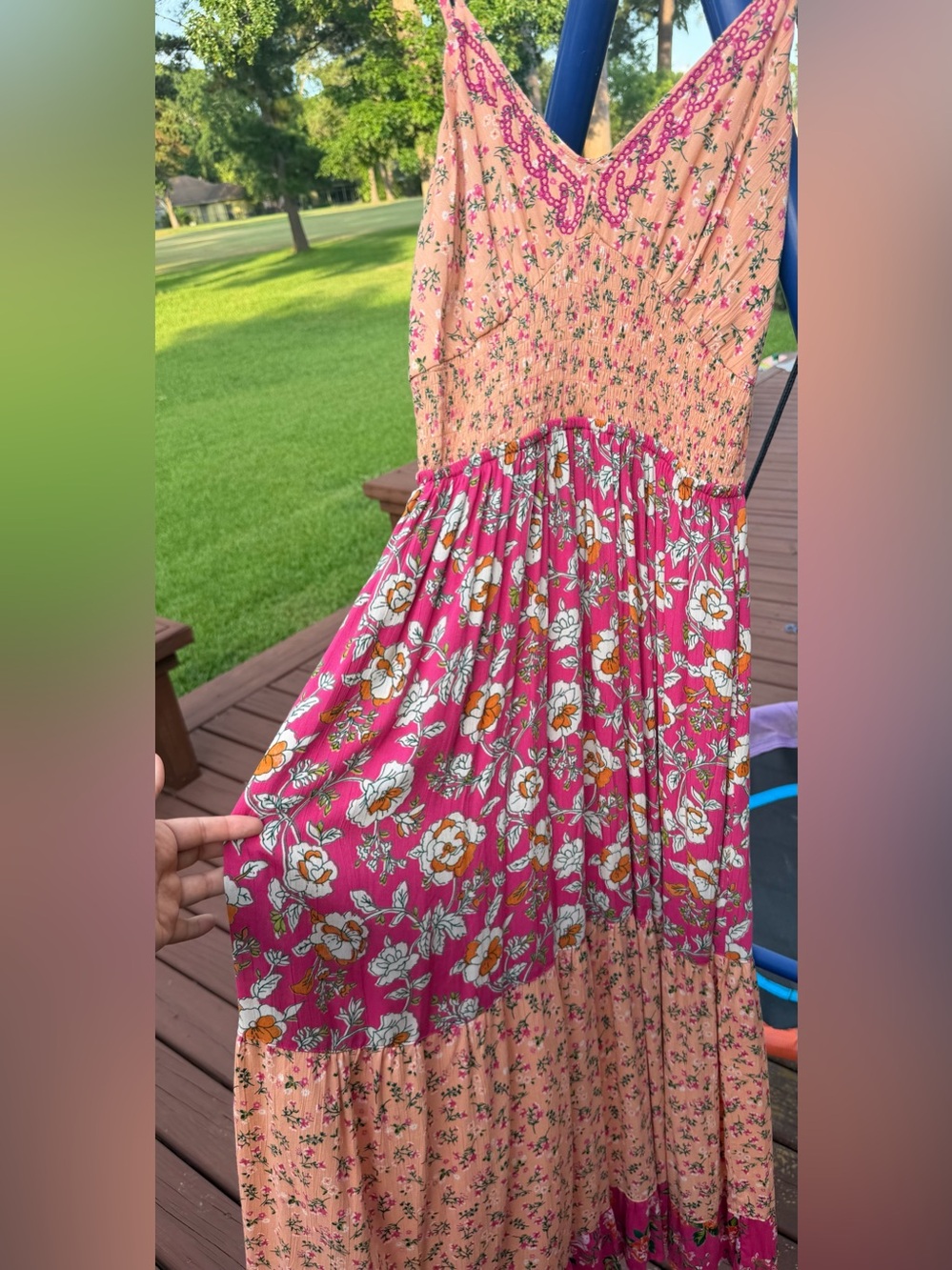 Angie Pink Floral Smocked Maxi Dress NWOT Large - Picture 2 of 9
